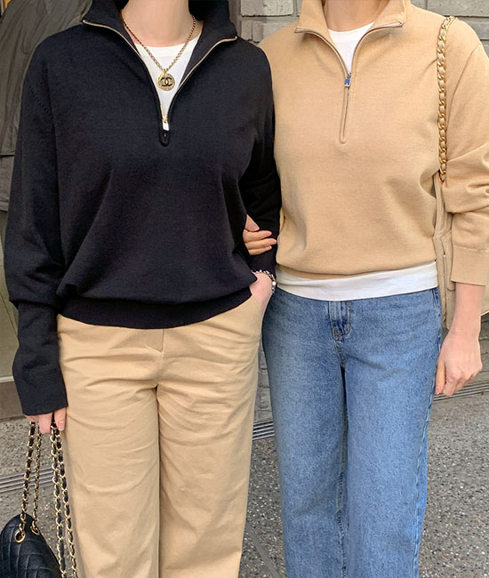 赫本半拉链针织衫